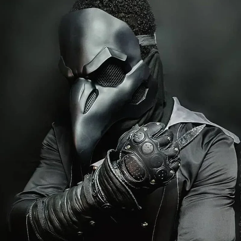 Punk corvo máscara traje pele preta para overwatch praga médico cosplay pássaros máscaras nariz longo led olhos retro rock reaper nunca mais