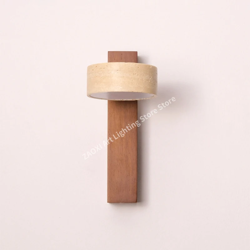 Yellow Travertine Wall Lamp with Pull Chain Switch Rotable Nordic Wabi Sabi LED Wood Stone Lights for Bedroom Bedside Apartment