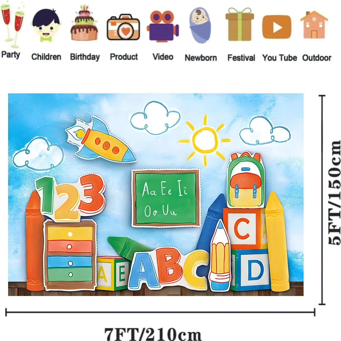 1PC Welcome Back to School Photography Background - A Vibrant Blue Sky Designed with Letters ABC and Colorful Crayons