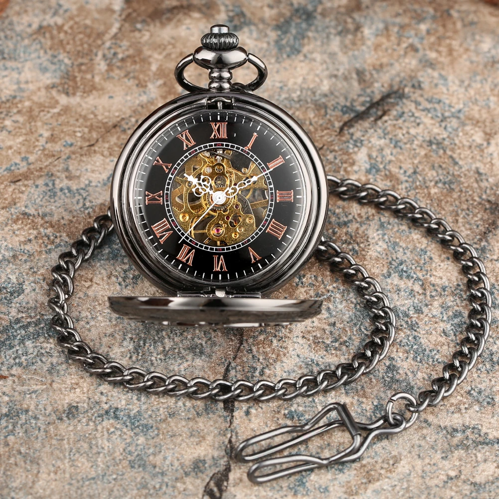 Transparent Hollow Pumpkin Mechanical Men's Pocket Watch Roman Numerals Dial Stainless Steel Skeleton Hand Winding Pocket Clock