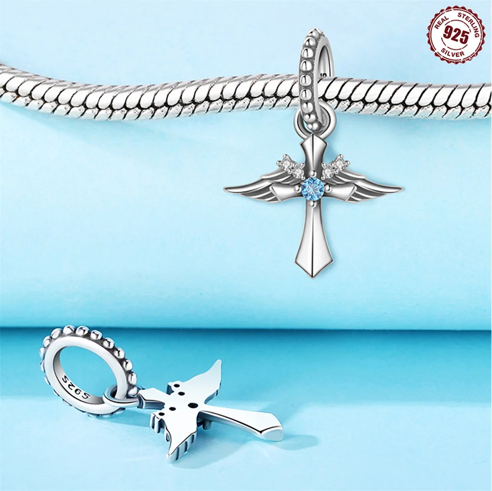 

Religious Charms 925 Silver Heart-shaped Pink Zircon Cross Beaded Pendant Fit Original Bracelet Woman DIY Jewelry Gift Making