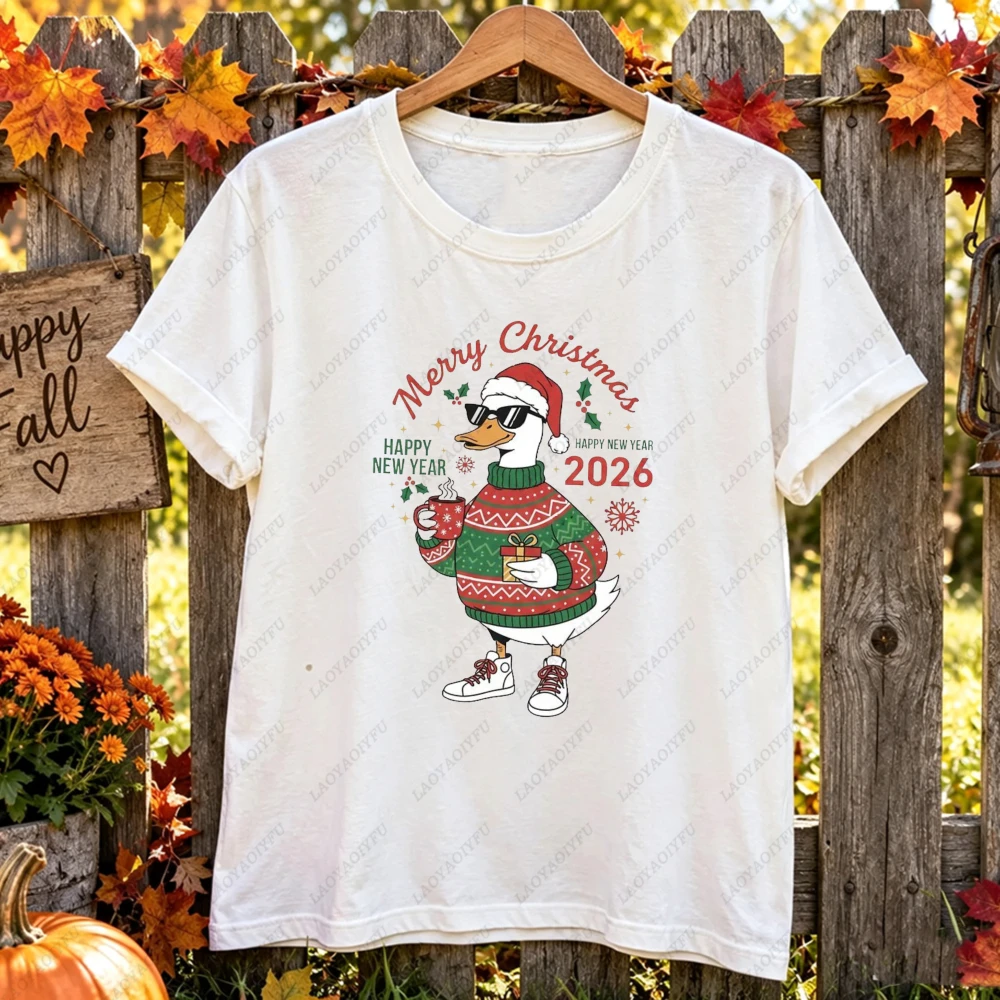 Merry Christmas Cool Duck 2026 Ugly Sweater Print Women Xmas New Year Short Sleeve Funny Retro Festive Holiday Party Tee