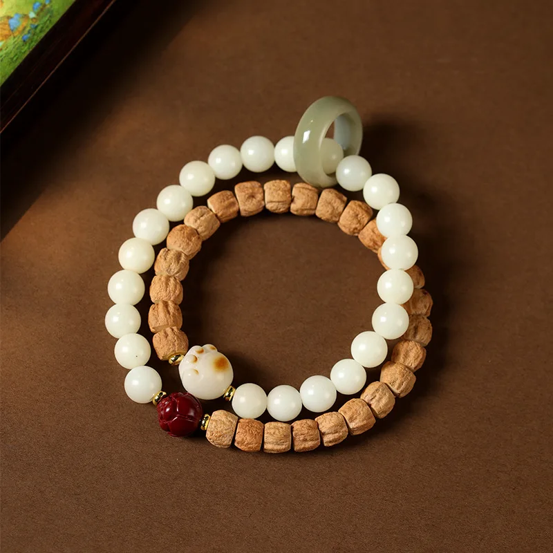 Traditional Chinese style featuring a combination of white jade and beads a double-strand bracelet a bodhi bead bracele
