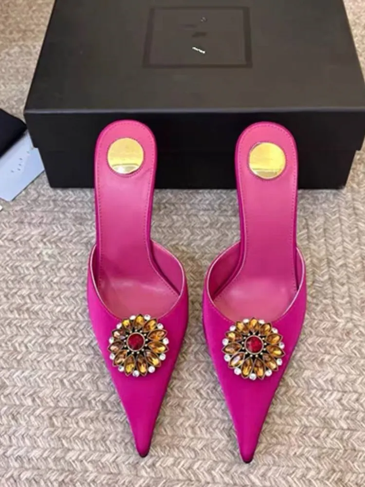 Women's New Satin Pointed Toe Toe Water Diamond High Heels Slippers Party Wedding High Heels Women's Sandals