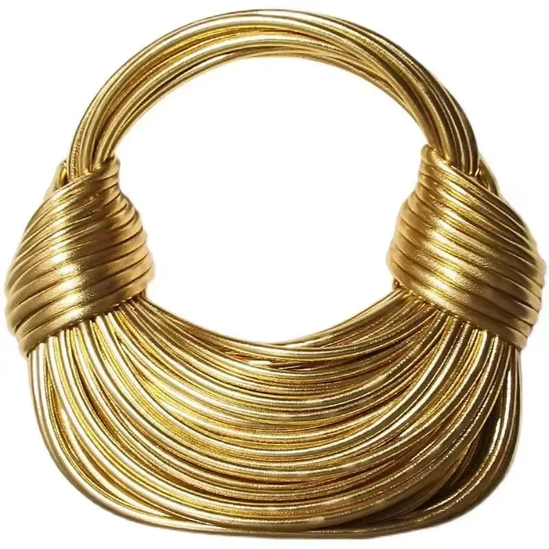 Luxury Designer Noodle Bag, Handwoven Rope Knot Drawstring Hobo Bag, Gold Silver Shoulder Evening Clutch for Women