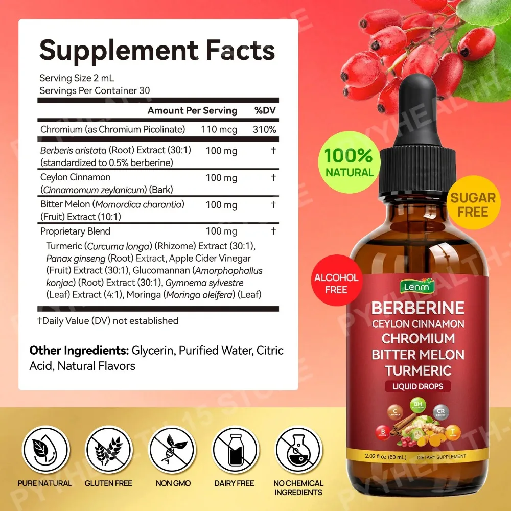 Berberine Liquid Drops with Ceylon Cinnamon, Chromium & Bitter Melon for Blood Sugar & Metabolism Support, Sugar Free, 60mL