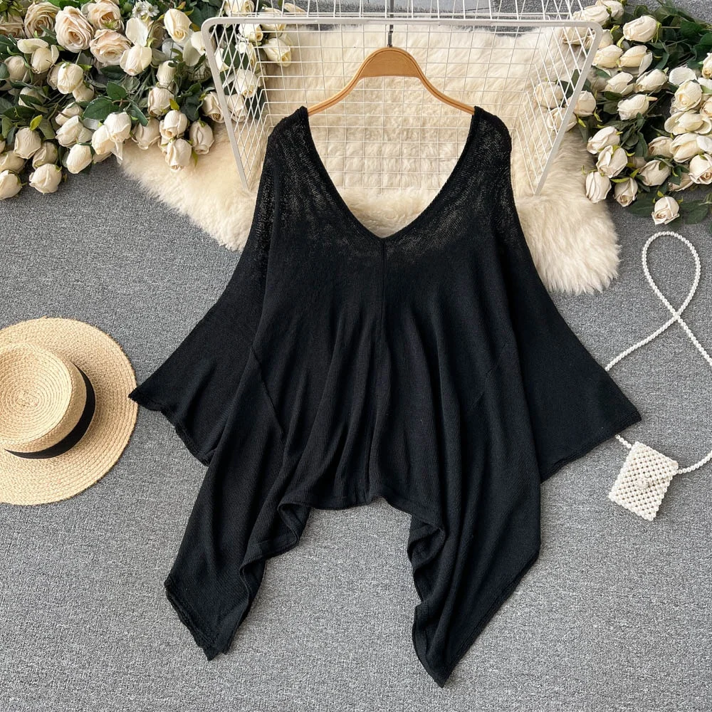 

Sweet Outerwear High-End Vintage Lady's irt Women's V-ne Loose Irregular Knitted Top Korean Sle Commute Faion