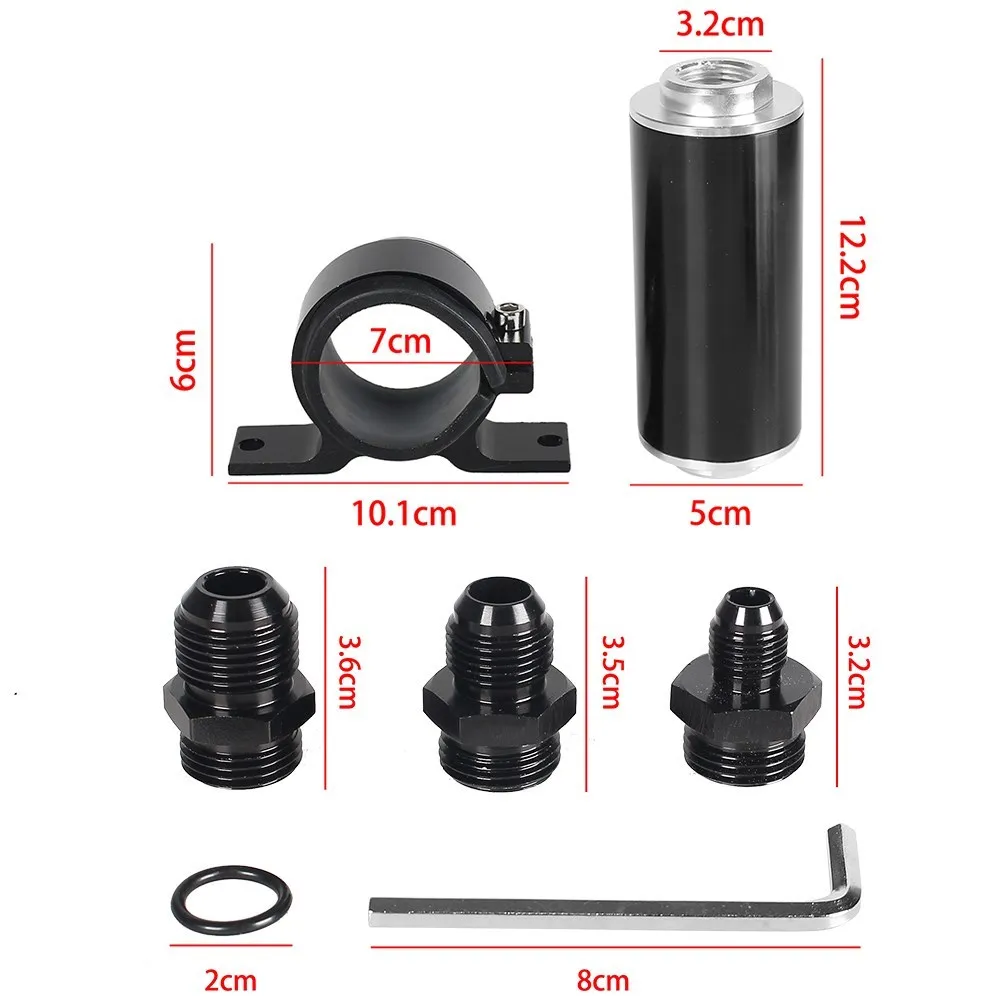 Universal 100 Micron Inline Fuel Filter Kit with 6AN 8AN 10AN Adapters & 50mm Mounting Bracket & Wrench Cleanable Black/Red