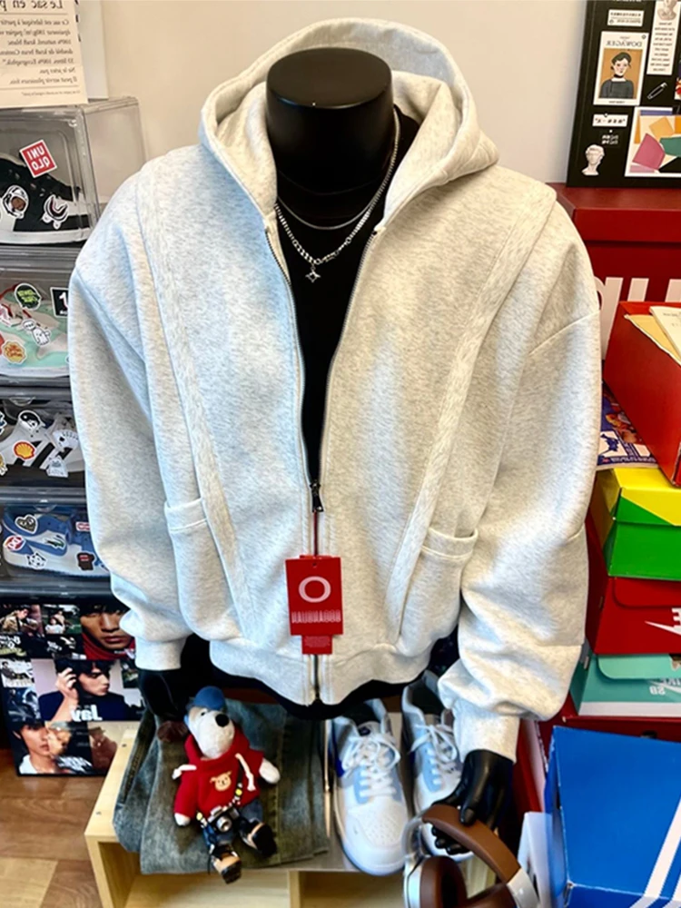 American Style Simple Boxy Open Cardigan Hoodie Men's Spring Autumn Cleanfit Heavyweight Loose White Gray Jacket