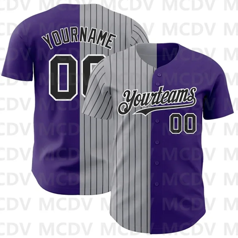 

Custom Purple Old Gold-Black Pinstripe Authentic Split Fashion Baseball Jersey 3D Printed Casual Team Shirts Unisex Tops