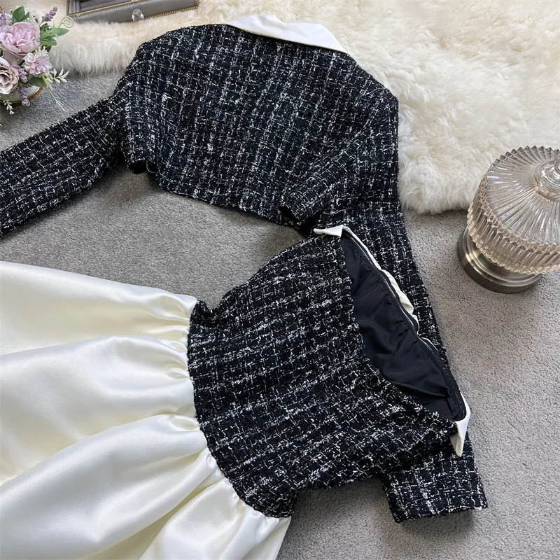 Contrast Stitching Tweed Fragrant Suit Female 2023 Autumn Fashion Short Jacket Coat +High Waist Sexy Fluffy Mini Dress Two-piece