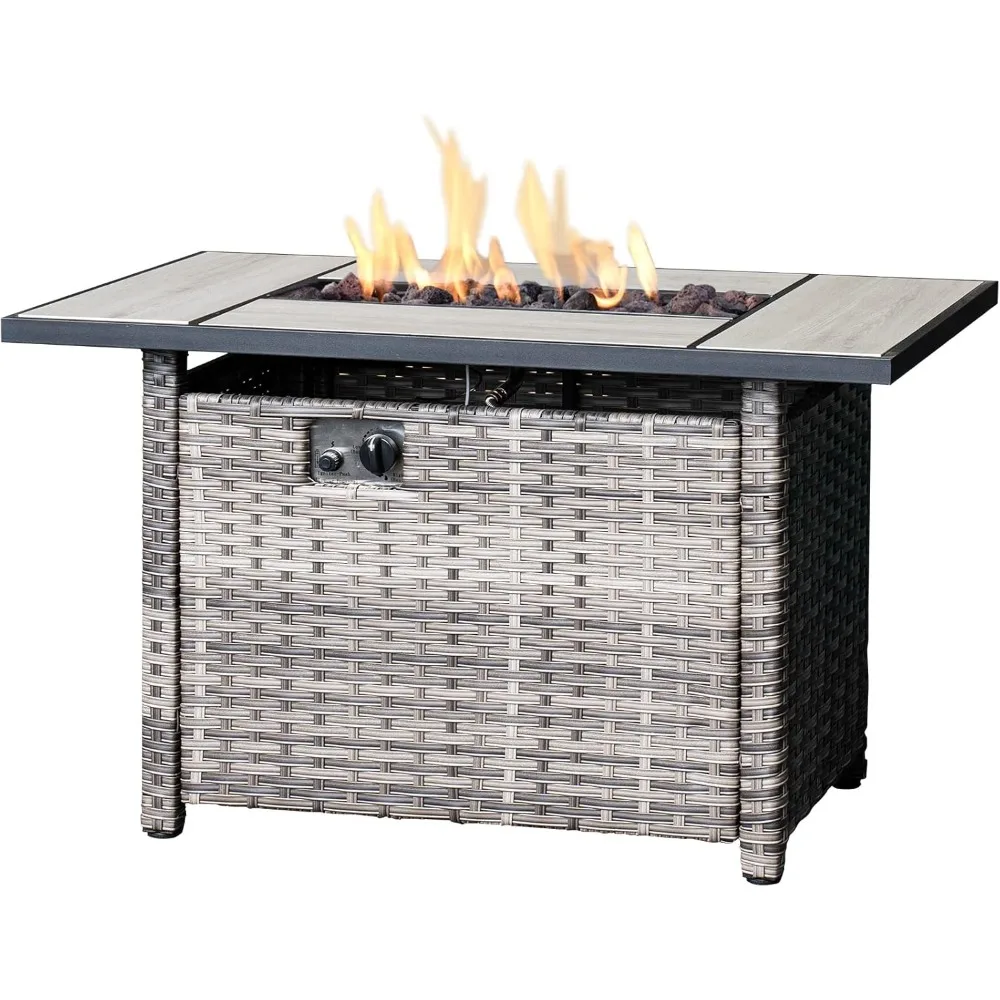 Outdoor Fire Pit Table,  Gas Fire Pit Table, 50,000 BTU Steel with Lid & Volcanic Rock Wicker Rattan, 42 Inch Fire Pit