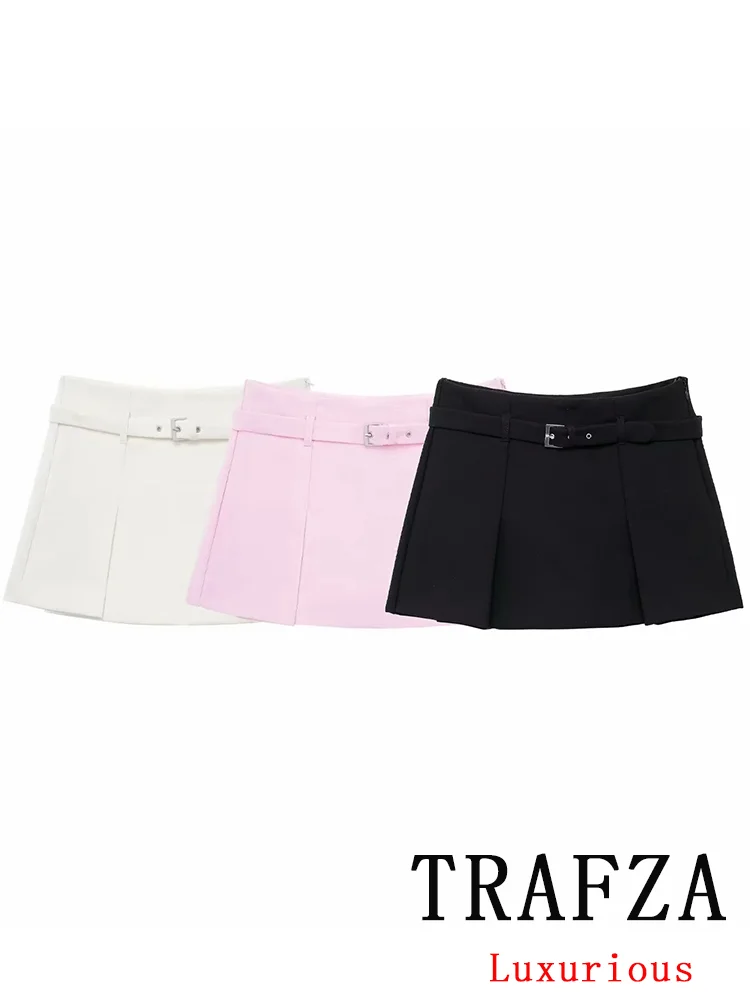 

TRAFZA Vintage Casual Chic Women Solid Shorts Skirt Sashes Zipper Shorts Skirt Fashion 2024 Autumn Elegant Casual Shorts