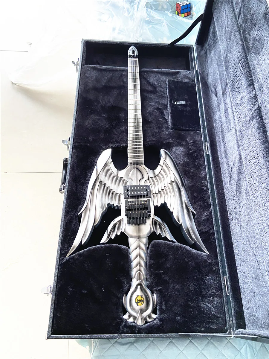 Hand carved sword Wing electric guitar Black accessories silver paint free shipping