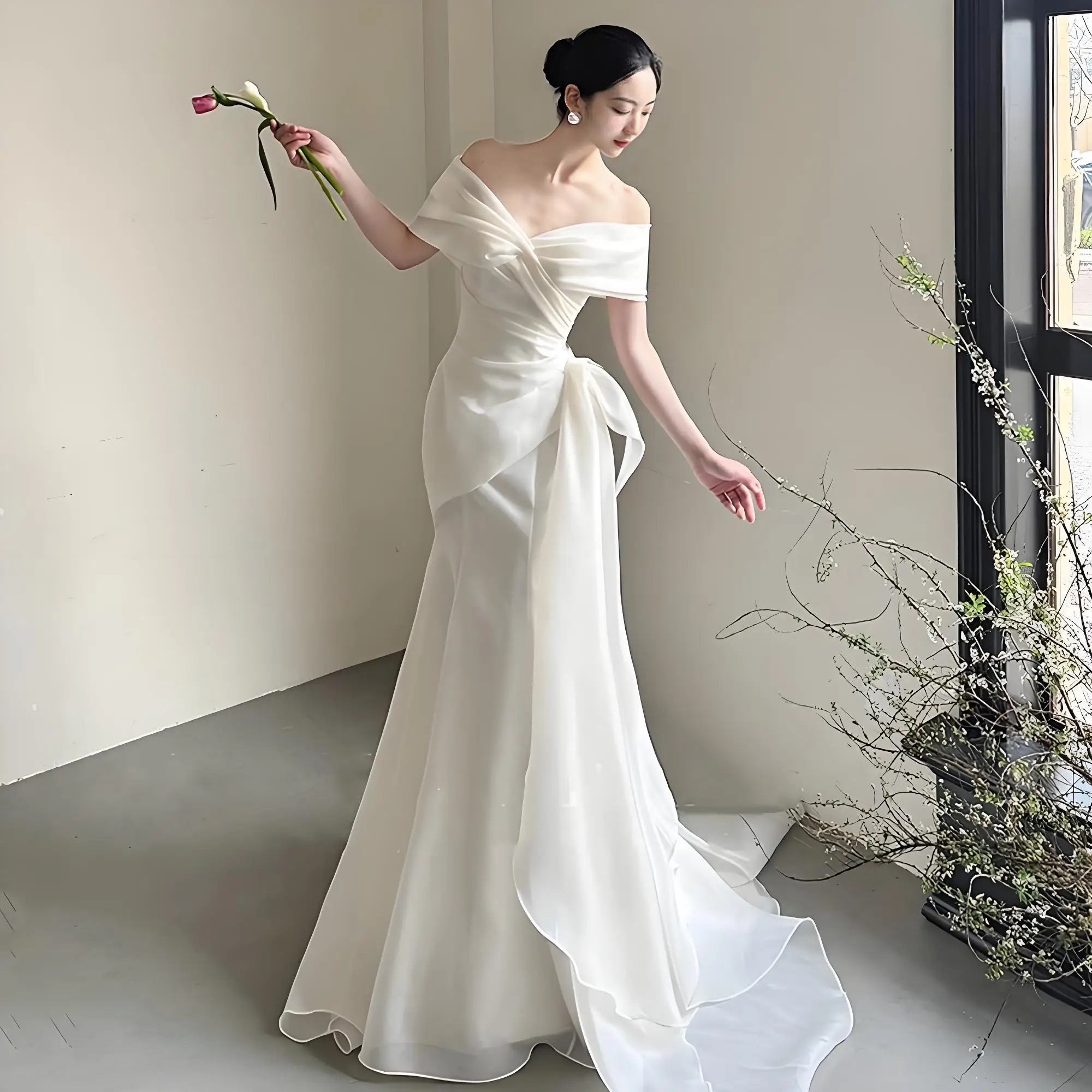 Beshinel مخصص قبالة الكتف فساتين زفاف خفيفة فاخرة 2025 حورية البحر زي العرائس ذيل الغزل فستان أبيض Vestidos