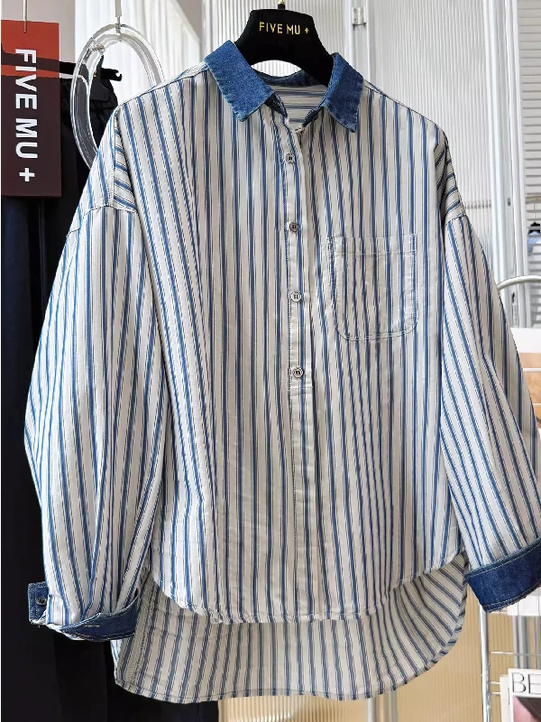 

plus Size Women's Casual Striped Long Sleeve Shirt Thin Spring Summer Short Front Long Back Light Weight Sun Protection Shirt