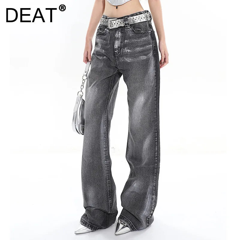 DEAT Fashion Hot Silver High Waist Floor Denim Pants For Women 2025 Spring New Items Trendy Long Casual Straight Jeans 33A2415