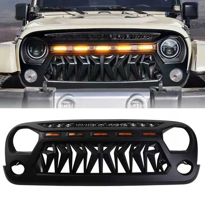 

For Jeep Wrangler JK JKU 2007-17 Matte Black Shark Grille with LED Amber Lights