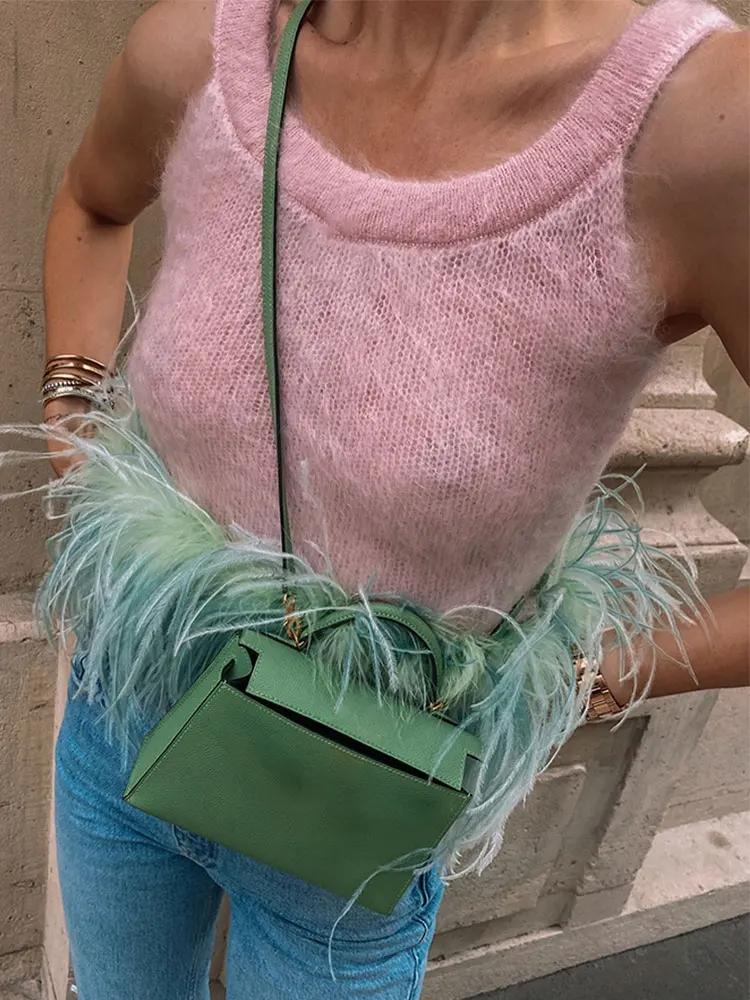 Women Elegant Gradient Feathers Pink Knitted Vest Female Slim Neck Sleeveless Short Tank Female Summer Streetwear Waistcoats