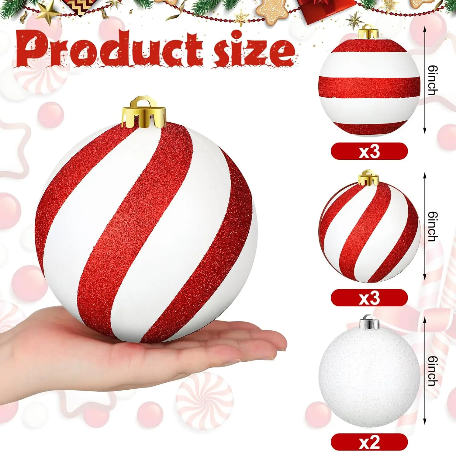 Extra Large Outdoor Christmas Ornament Set, 8 Pieces, 6-Inch Red and White Balls