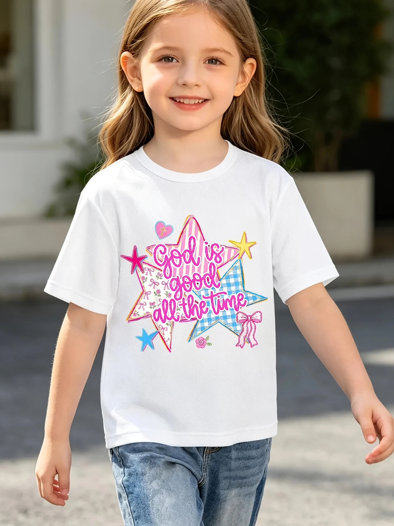 God Is Good All The Time Star Print T Shirt Boys Girls Faith Short Sleeve Tee Family Matching Kids Casual Cotton Daily Tops