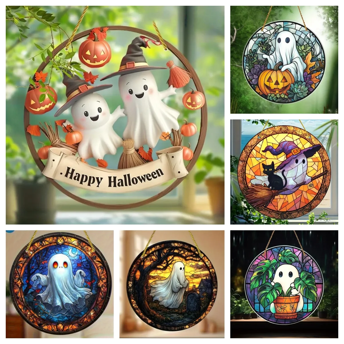 2D Halloween Ghost Sun Catcher - Circular Acrylic Sign, Suitable for Window, porch, garden, office, bar, caf é decoration, Gift