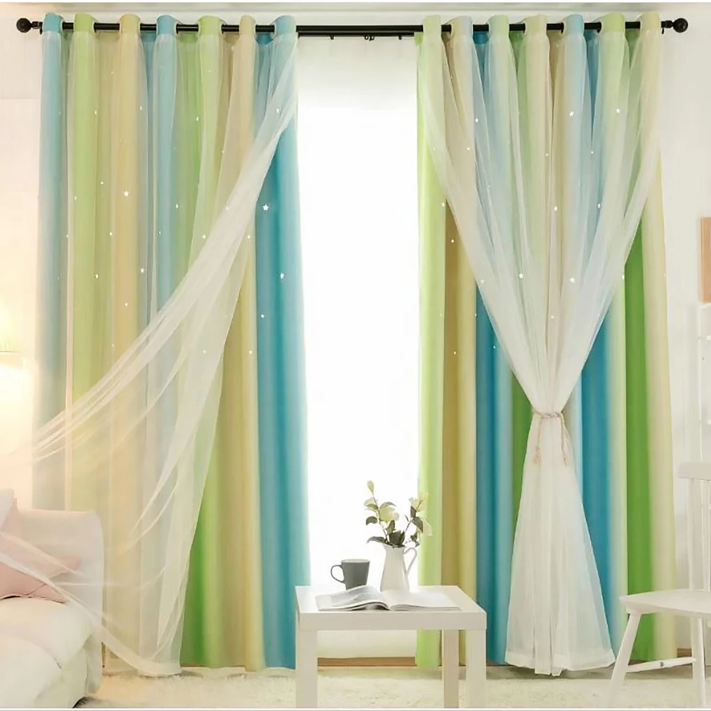 Hollow Star Design Double Layer Window Curtain Gauze Light Transmitting Curtain Light Blocking Drape 1x2.5m Hook Type