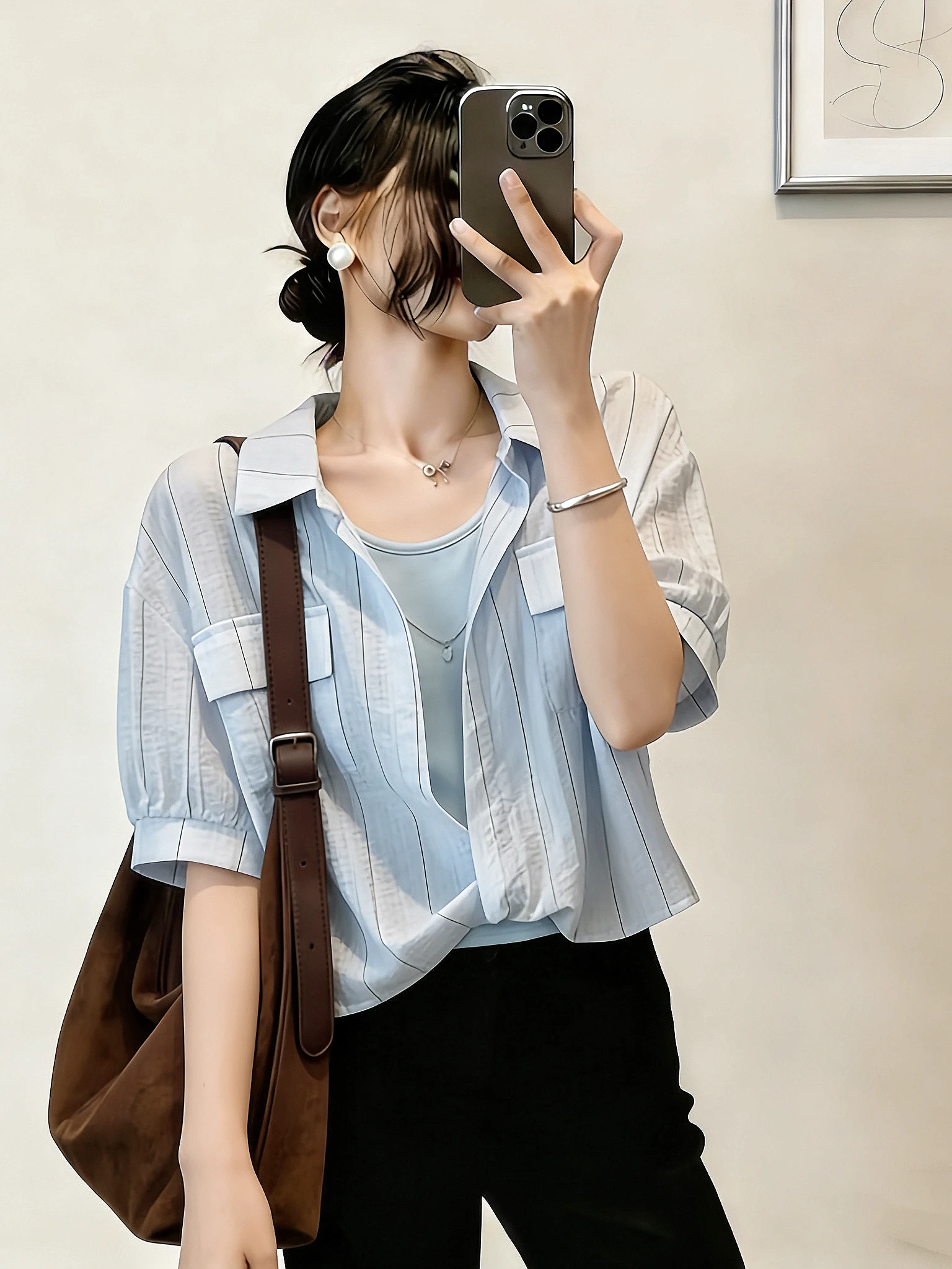 

Light Blue Striped Short Sleeve Shirt Women's Summer New Style Overalls Two-Piece Set Korean Style Commute Loose Fit Blouse