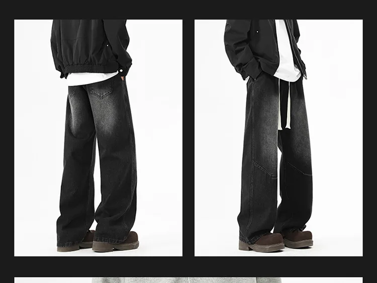 Celana Jeans Pria Model Vintage Amerika, Warna Solid, Kasual Trendy, Kaki Lebar, Longgar, Lurus, Dasar Sederhana