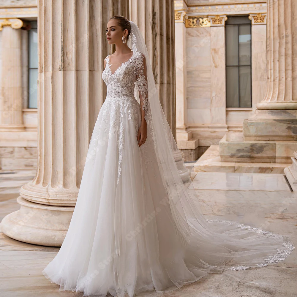 Ivory-Vestidos De novia De corte en A para mujer, ropa Formal De manga larga con apliques De encaje, cuello De corazón, 2024