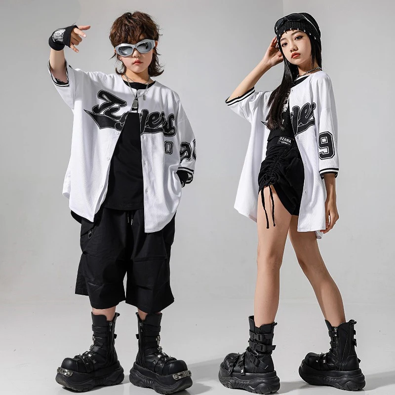 Traje de dança jazz kpop roupas cheerleading camisa de beisebol palco desempenho wear crianças legal hip hop roupas de rua vbh1629