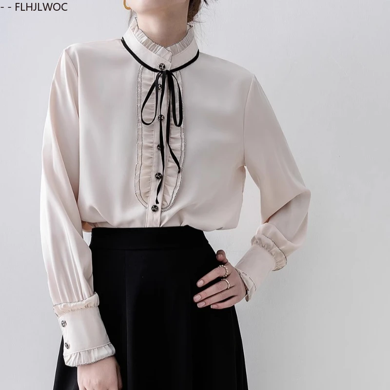 フリル付きレディースブラウス　2025年秋新作　キュートでスイートな女の子向け　プレッピースタイル　レースアップ　蝶ネクタイ　フォーマル　オフィスレディー　ベーシックシャツ