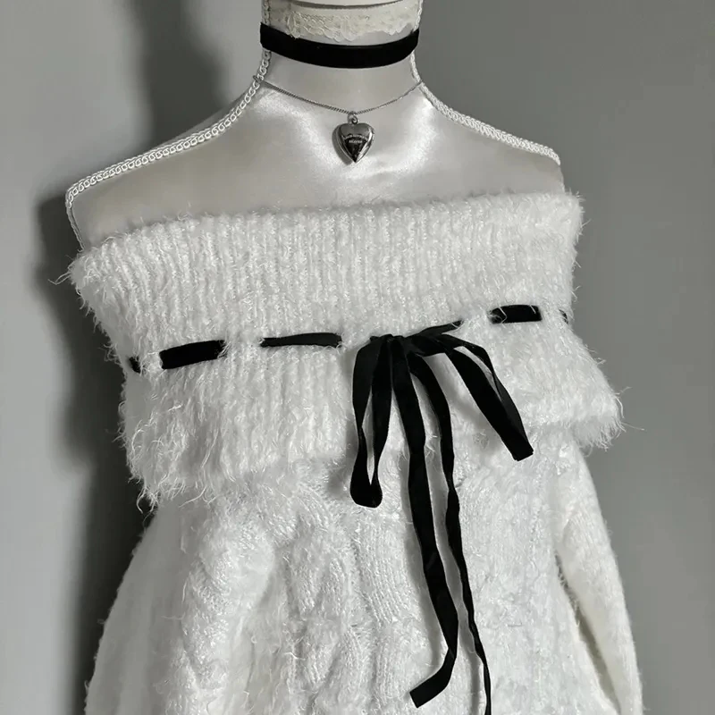 Sexy fora do ombro camisola de malha feminina branco harajuku y2k doce pulôver manga longa solto preguiçoso rendas até bonito topo