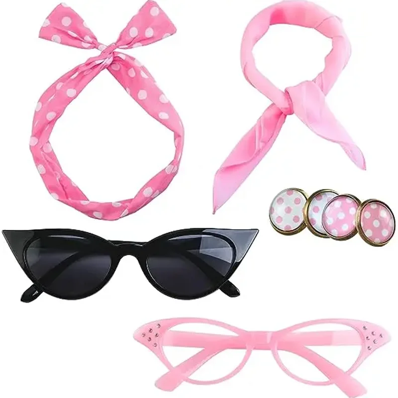 5 Sets 1950s Retro Pin Up Costume Accessories Set, Polka Dot Scarf Sunglasses Gloves for Women