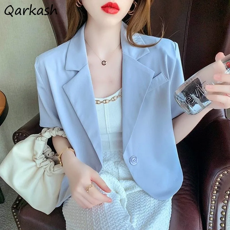 Summer Blazers for Women Short Sleeve All-match Solid Minimalist Design Korean Style Slim Chic Casual Thin Female Elegant Tops