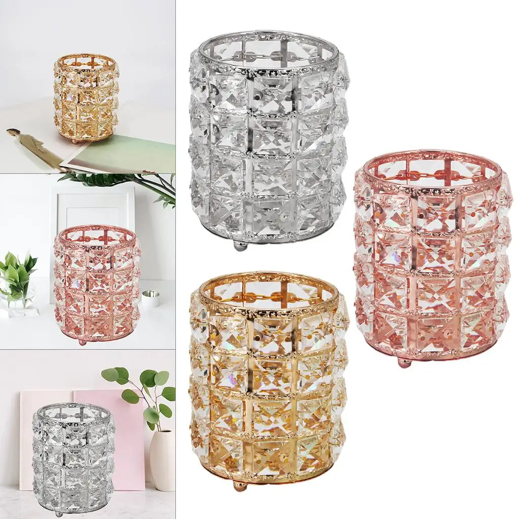 Crystal Vanity Brush Holder Makeup Organizer Metal Storage for Bathroom Office Desk Pen Container Gift