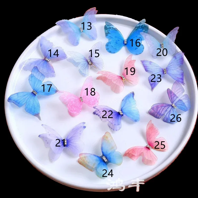 50Pcs Double Layer With Diamond Three-Dimensional Yarn Simulation Mesh Butterfly Jewelry Handmade DIY Headwear Accessories