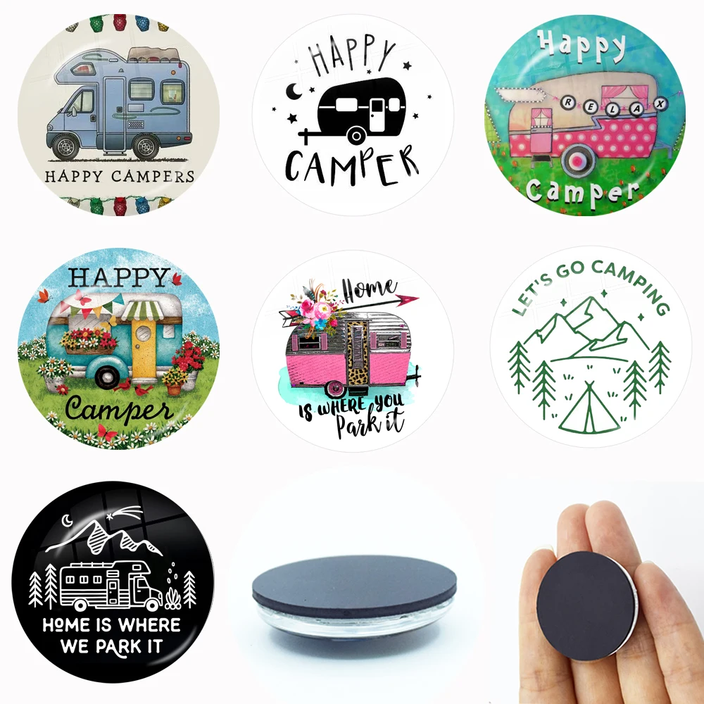 Cute Camper Wagon I Love Camping Fridge Magnet 30MM Glass Cabochon Magnetic Refrigerator Stickers Note Holder Home Decor Gift