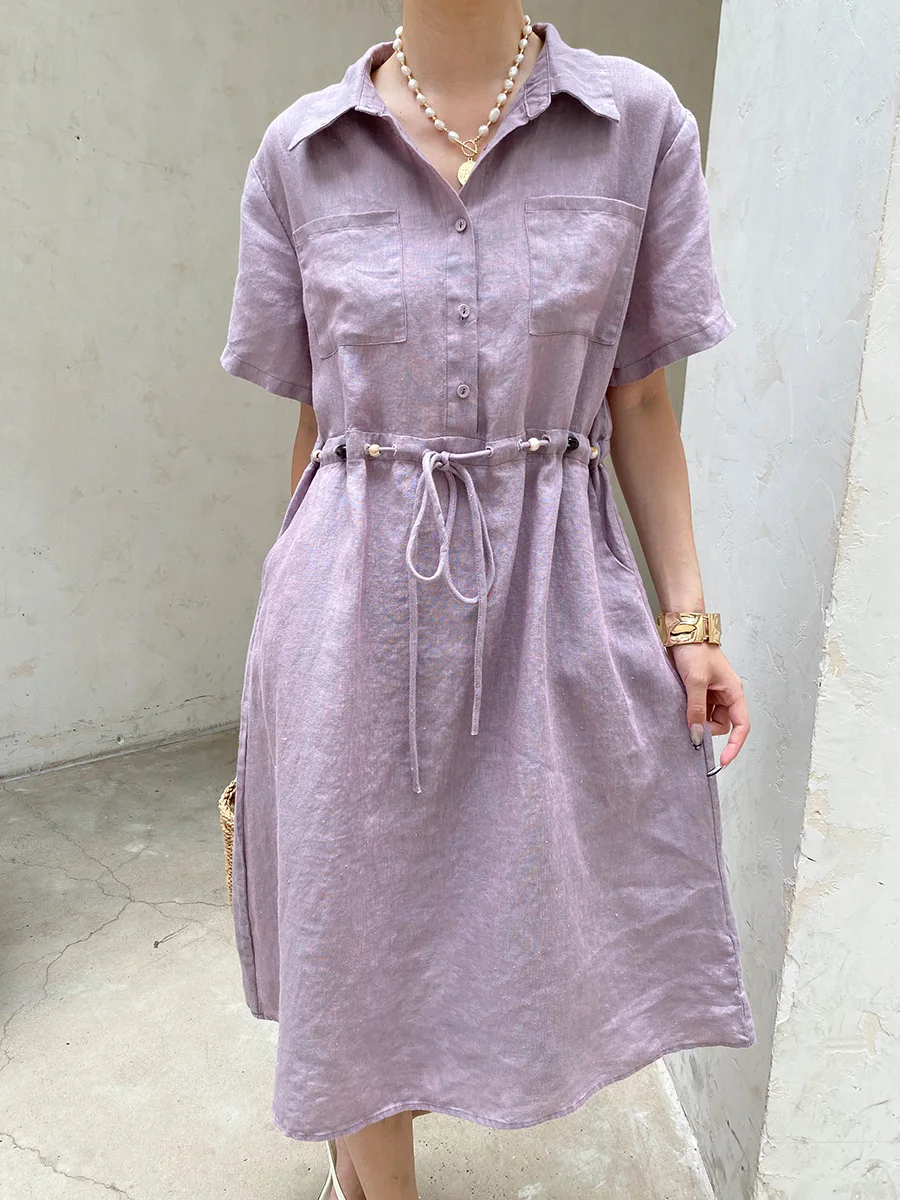 Sommerliches Damen-Freizeitkleid in Uni-Farbe mit Perlenbesatz, Kordelzug und tailliertem Schnitt – Detail 10