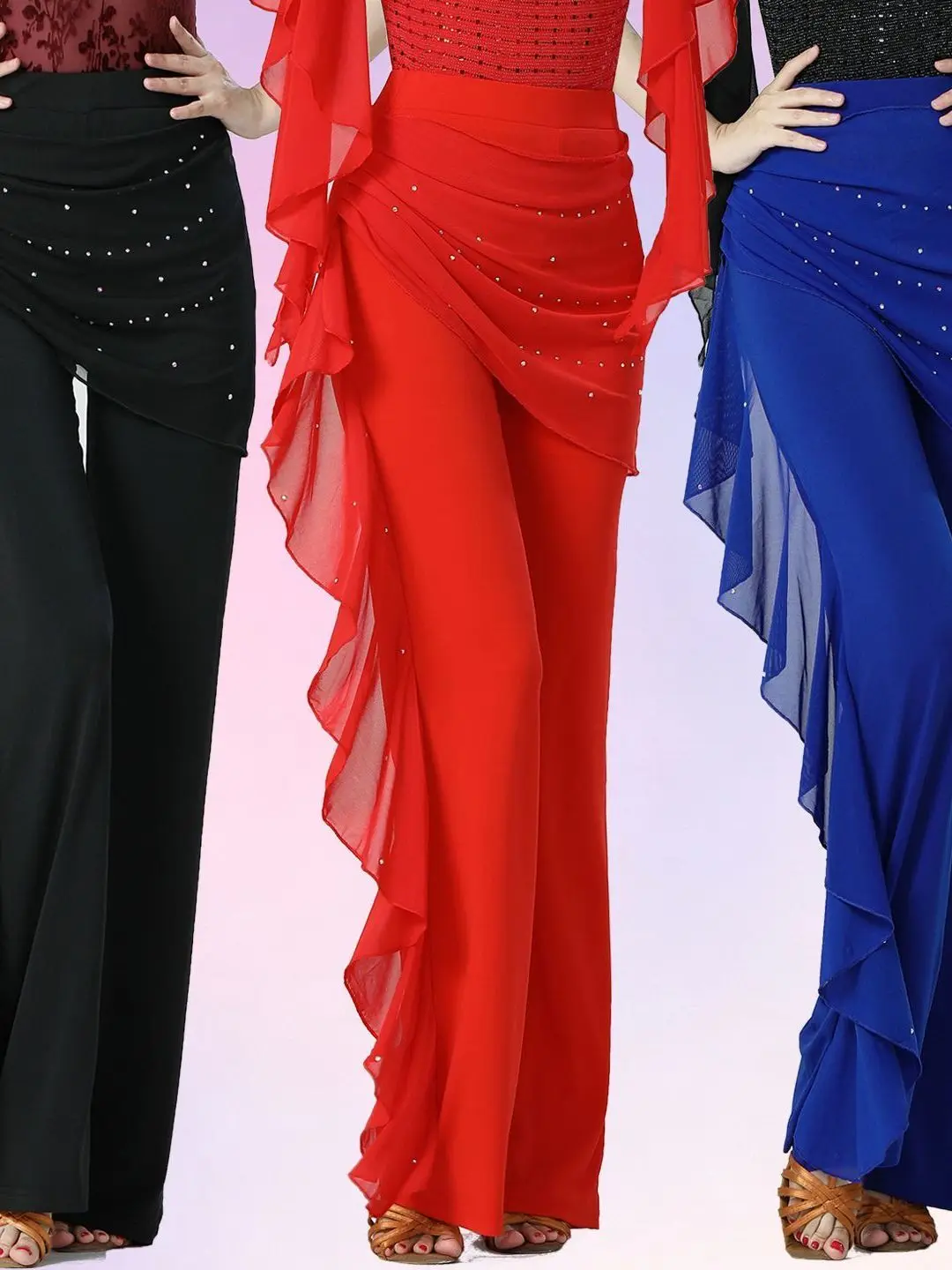 square-dance-pants-women's-elastic-waist-bead-like-thin-material-latin-dance-long-pants-belly-concealing-slimming-dance-trousers