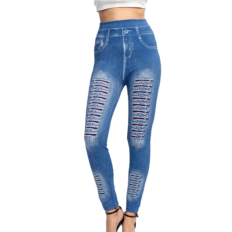 PD395 New European and American Fashion Striped Printed Denim Inspired Leggings with Elastic Hip Lifting Cropped Pants