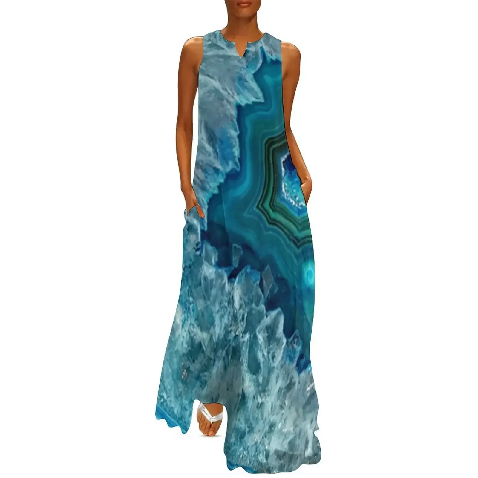 

Teal Aqua Turquoise Blue Rock Agate Mineral Crystals Pattern Long Dress women long dresses Dress
