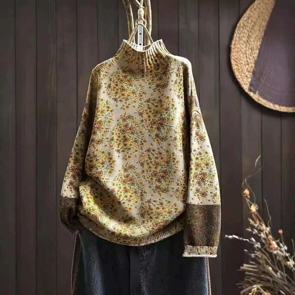 

Women's Autumn Winter Vintage Half High Collar Floral Printed Knitted Cotton Blend Pullover Sweater Retro Patchwork Knitwear