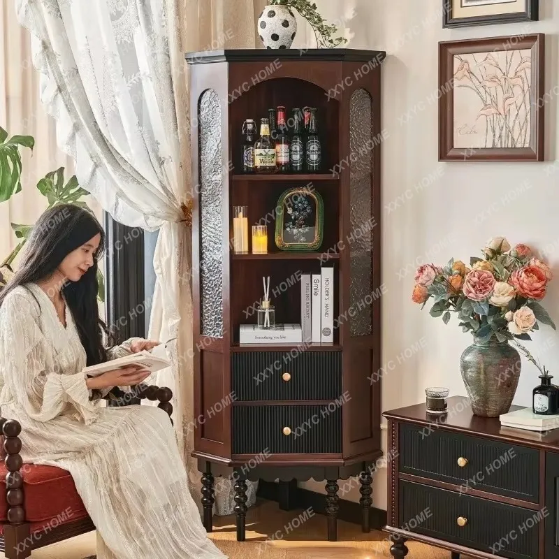 XXRetro Corner Cabinet Middle Antique Solid Wood Corner Rack Side Cabinet Living Room Triangle Cabinet Corner Display