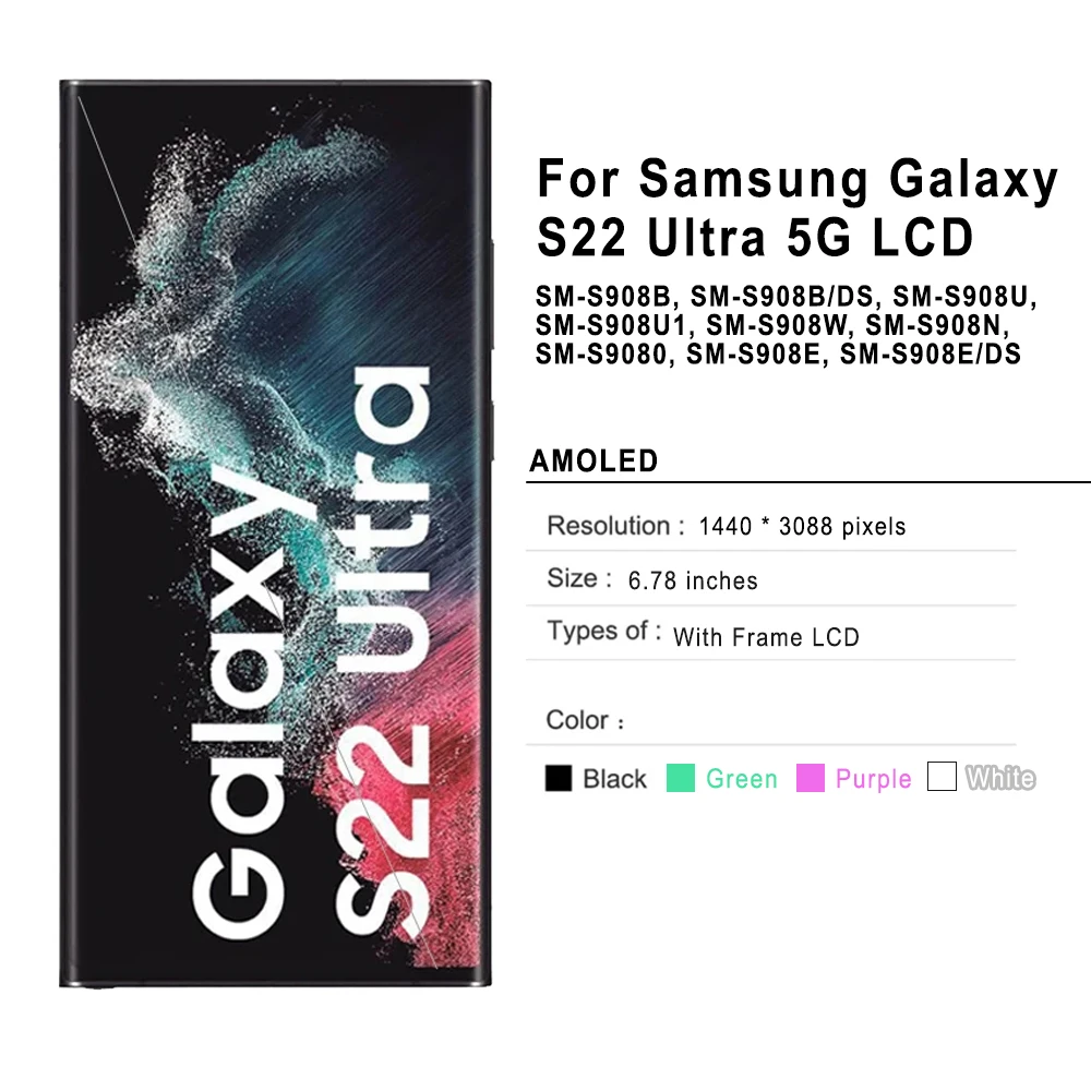 SUPER AMOLED Display For Samsung S22 Ultra 5G LCD Touch Screen Digitizer Assembly Replace Parts For Samsung S908 S908B S908U LCD