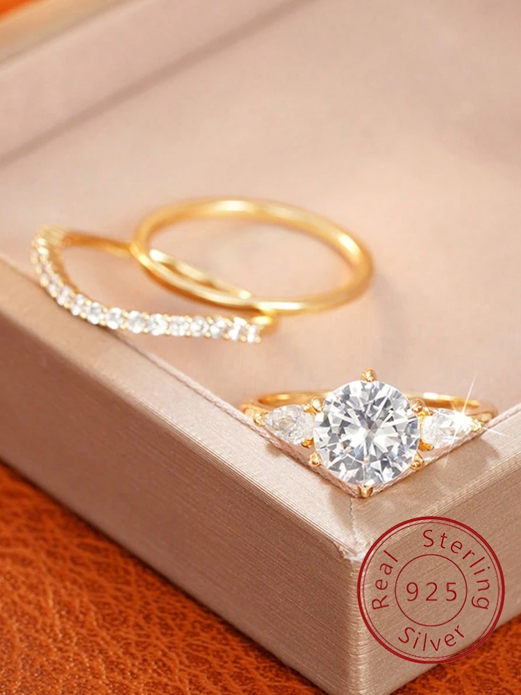 Ring-Set aus 925er-Sterlingsilber, modischer Wassertropfen, voller Zirkon, für Damen, Jahrestag, Alltag, Luxus, hochwertiger edler Schmuck