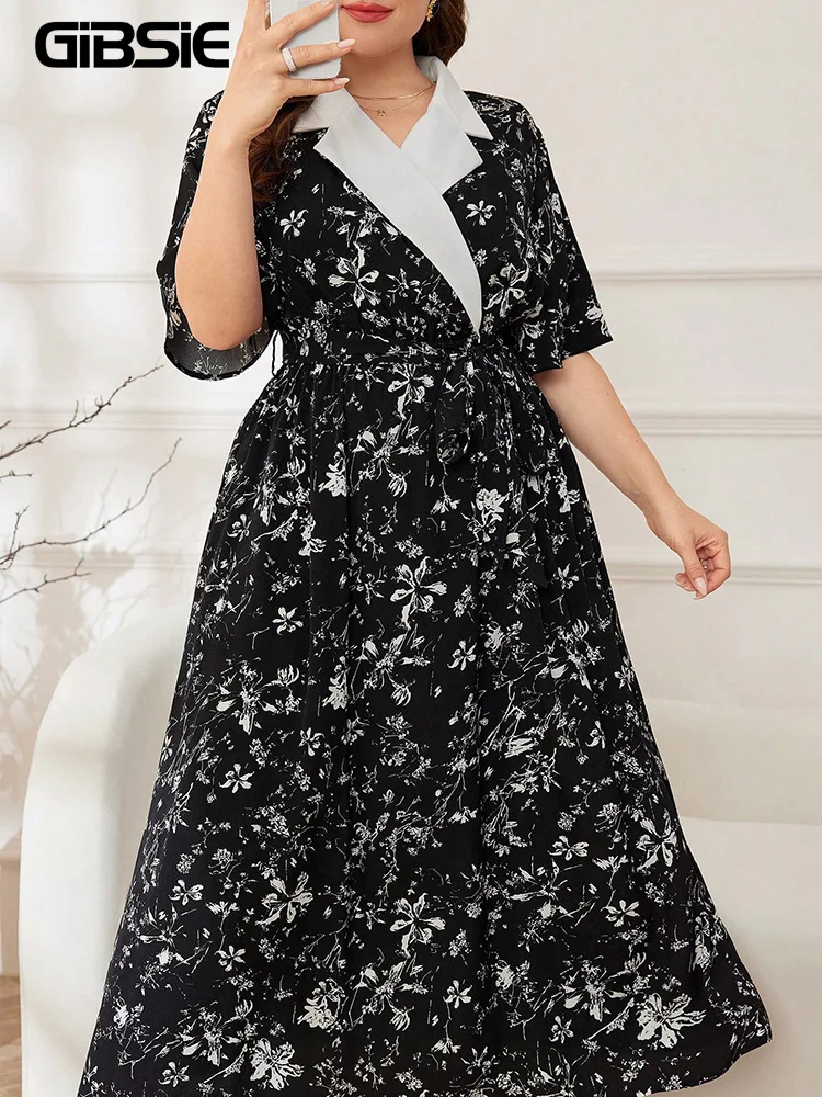 

GIBSIE Plus Size Floral Print Notched Neck Belted Long Dress Women 2026 Summer Short Sleeve Elegant High Waist A-Line Dresses
