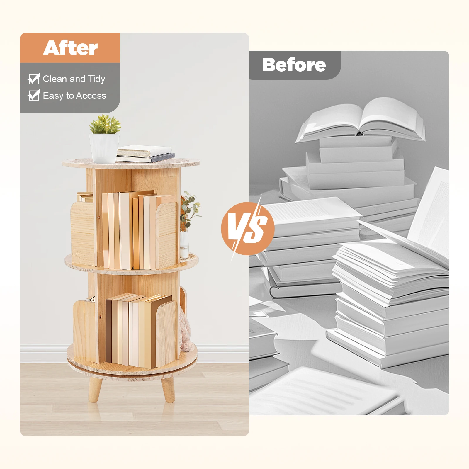  Floor Standing Rotating Bookshelf 2 Tier Cylindrical Pine Wood Multi-Functional Bookshelf Organizer Bookcase Storage Rack