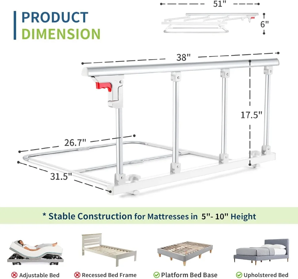 Поручни складной кровати для безопасности пожилых людей, сборка без инструментов, подходят для всех размеров матрасов