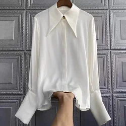 Vintage Turn Down Collar Shirts 2024 Fashion Office Lady Elegant Tops Long Sleeve Satin Blouses Autumn Casual Clothing